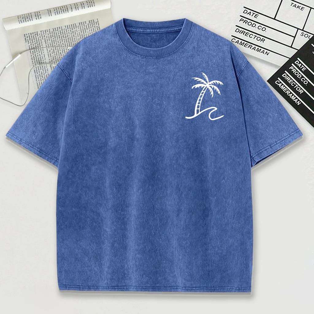 Simplified Coconut Tree Print Snow Wash Men Tee Shirts Summer Breathable O-Neck T Shirt Soft Washed Clothes Short Sleeve