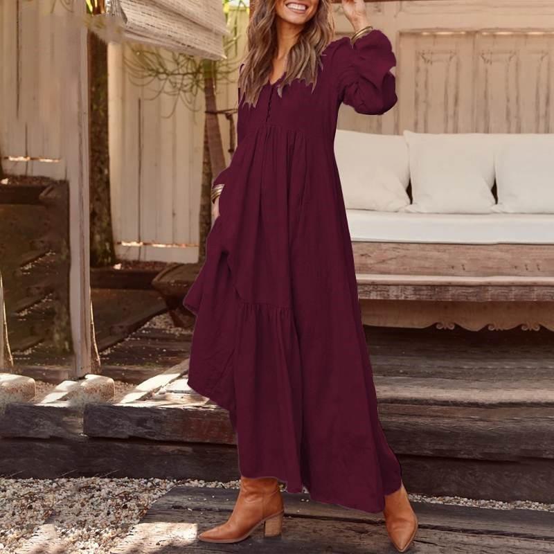 Autumn Spring Women Long Sleeve V Neck Loose Pleated Long Dress