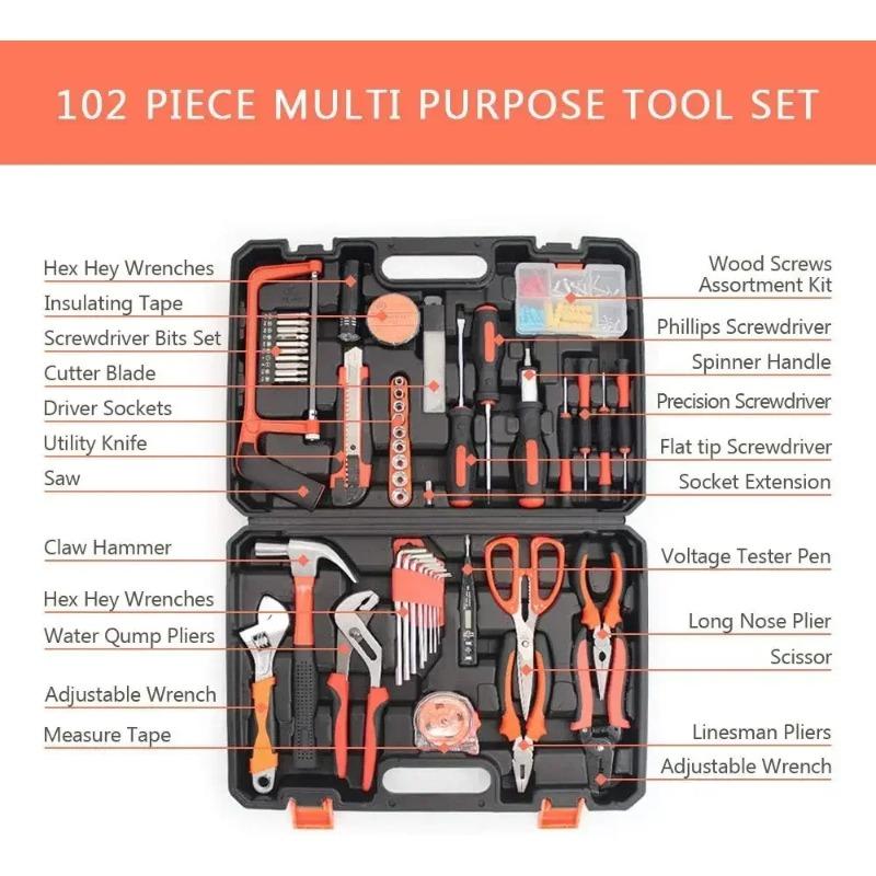 102PCS Household Tool Set Hardware Tool Box Electrician's Hardware Set Car Repairing Tools Woodworking Tools Combination Set