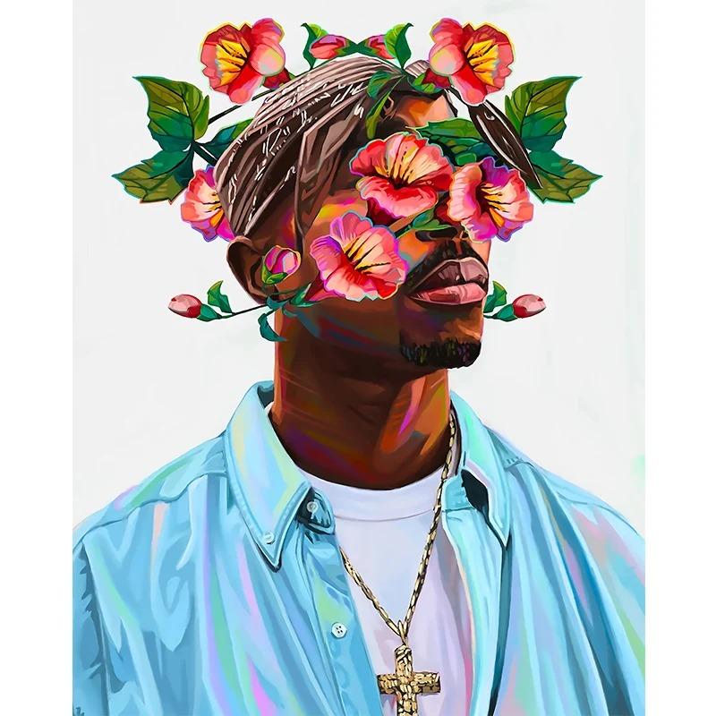 Famous Rapper Star Portrait with Flowers Canvas Painting Hip Hop Singers Abstract Art Posters Prints Wall Art Picture Home Decor