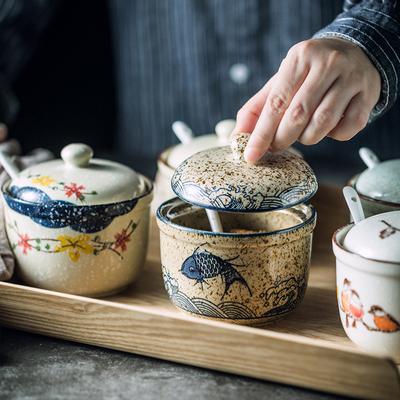 Keramik Gewürzglas mit Deckel und Löffel Küche Gewürzgläser für Salz/Zucker/Pfeffer Japanischer Stil Gewürz Aufbewahrungsbox Tee