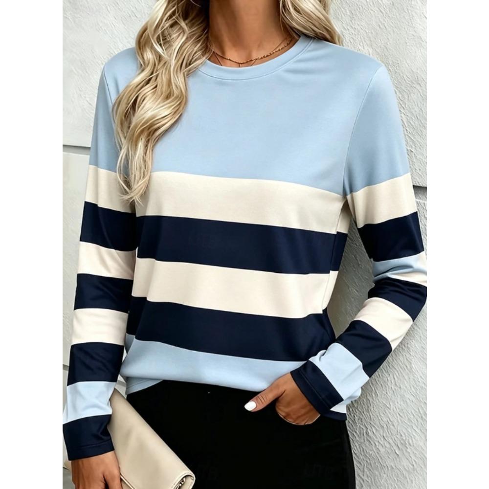 Oberteile für Damen Gestreiftes Muster Print Rundhals Langarm T-Shirt Herbst Lässig Eng Anliegend Pullover Damen Langarm Oberteil