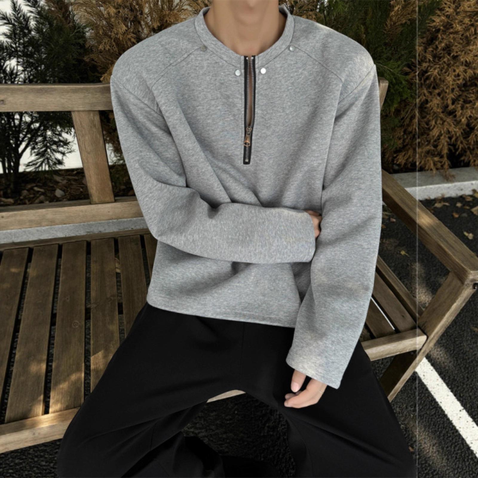 

Half Zipper Short Shoulder Sweater Men s Autumn American Loose Casual Long Sleeve Top XXXL світло-сірого кольору