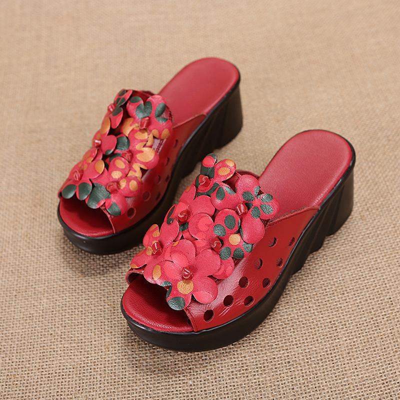 6cm Ethnic Style Slippers Women Wear Thick-soled Wedges and Fashionable Flowers In Summer, Comfortable High-heeled Sandals