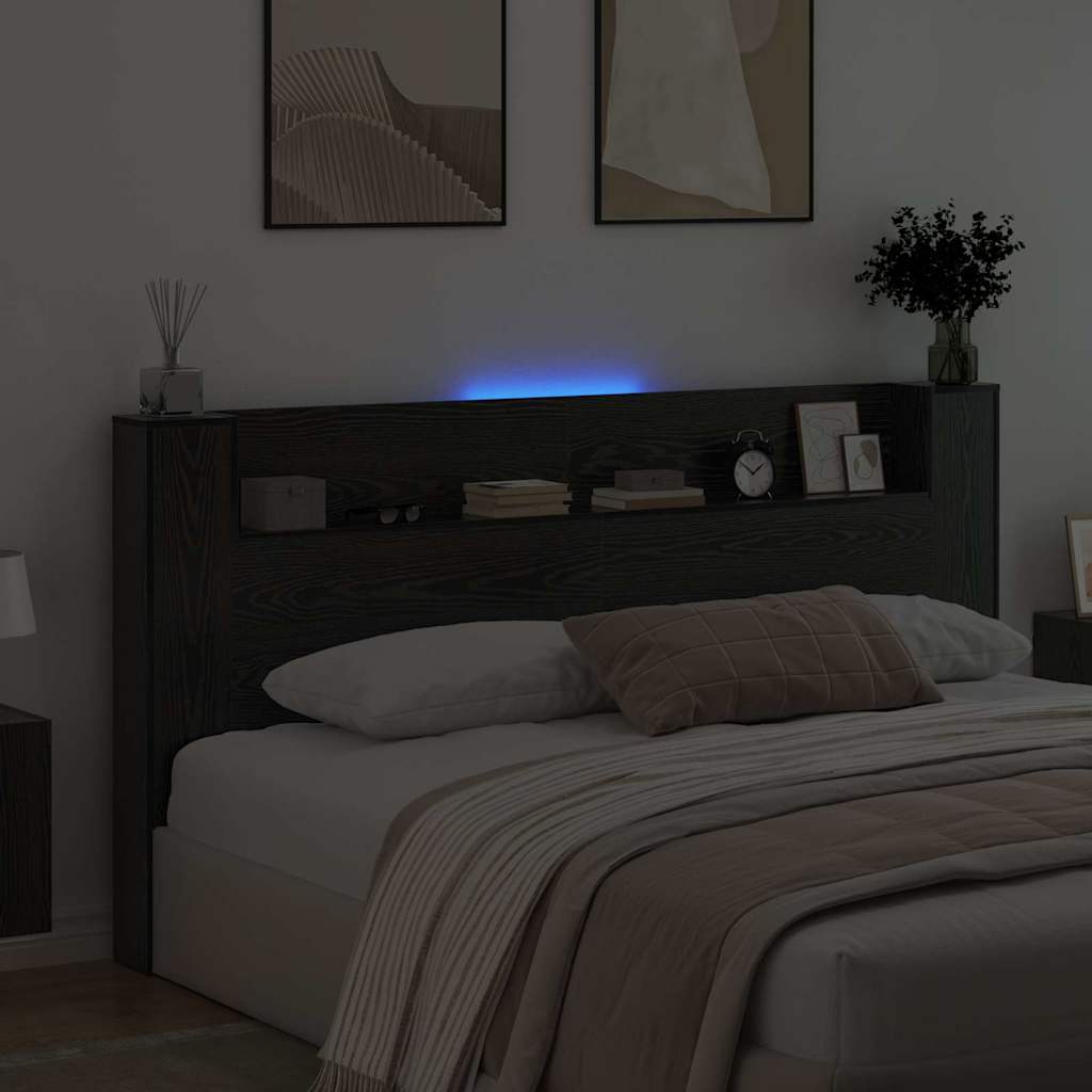 Storage Headboard with LED Lighting Black Oak Wood Based Material