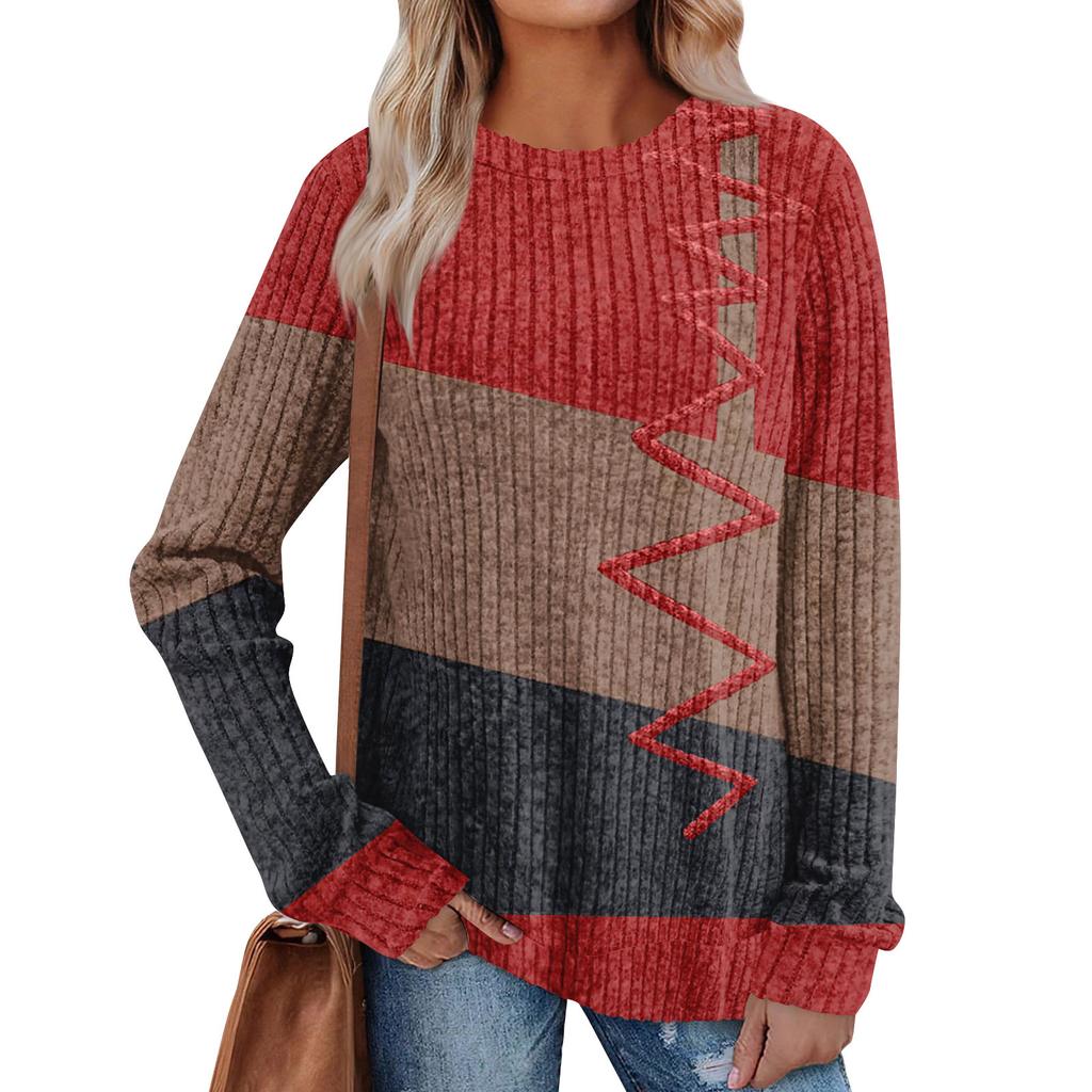 Women's Winter Color-Block Printed Lightweight Brushed-Cotton Round Neck Top