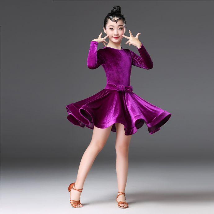 Latin Dance Dress Latin Dress Costume Kids Ballroom Costume for Girls Pleated Skirt Professional Long Sleeves Salsa Rumba Cha Ch
