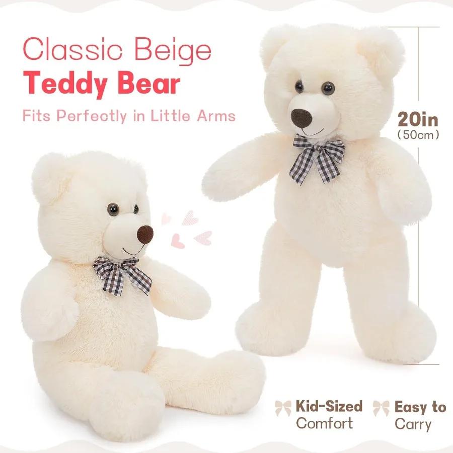 20 Inch White Teddy Bear Stuffed Animal Designed for Toddlers Infant Shower Birth Date Present Plush Cuddly Hugging Bear Bow Tie Classic Gentle T