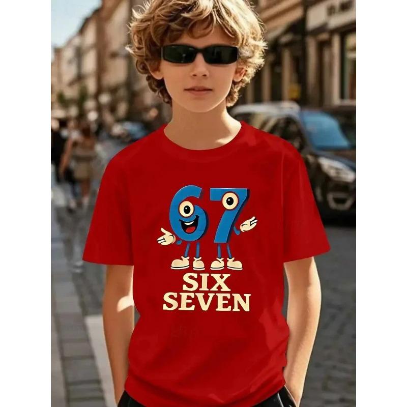 Cute Meme T-Shirt for Boys Girls Childrens Six Seven Funny Kids Y2k Tees Tops 67 Brainrot Print Round Neck Short Sleeve T Shirt
