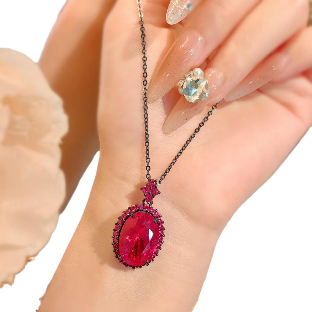 Imitation Red Corundum Necklace Stud Earrings Set, Dark Black Gold Opening Adjustable Ring For Women