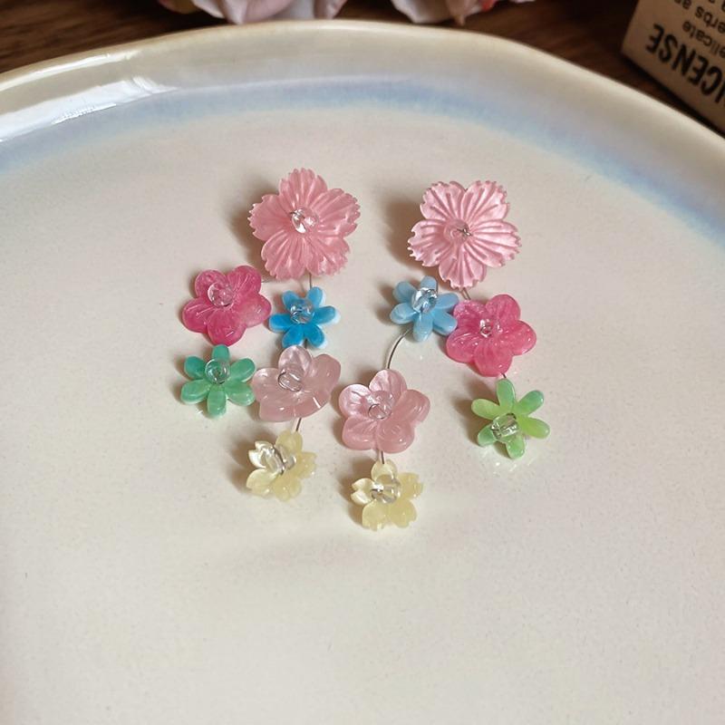 Flowers by the Ear~ Silver Needle Resin Colored Flower Fringed Stud Earrings Sweet Princess Style Earrings Fashionable Versatile Earrings