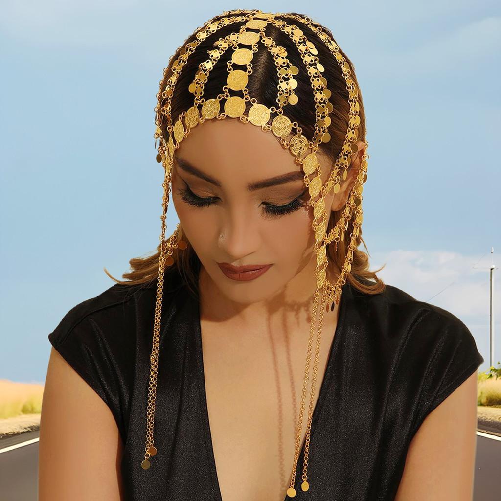Middle Style Eastern Golden Headpiece With Tassels And Coin For Travel Holiday