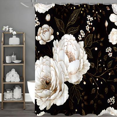 Peony Flower Black Background Shower Curtain, Bathroom Decorative Shower Curtain, Waterproof Shower Curtain with Hooks
