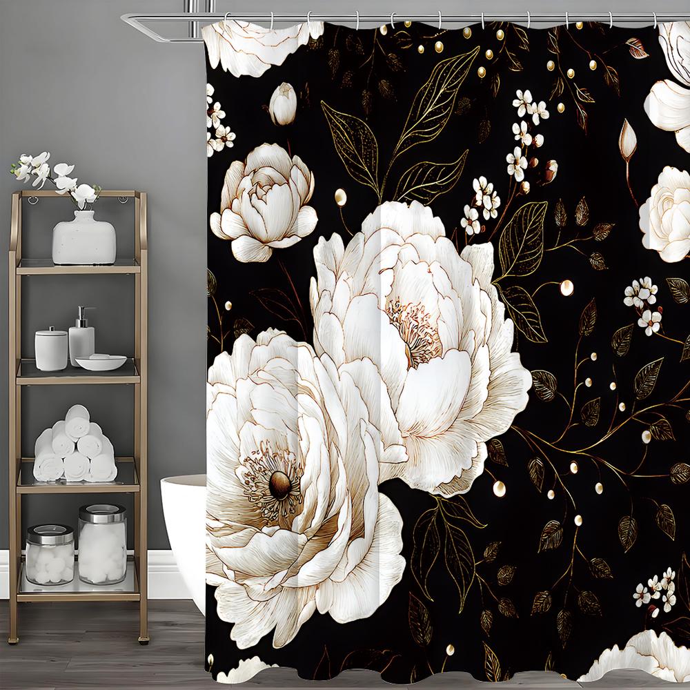 

Пион Цветок Черный Фон Занавеска для душа, Декоративная занавеска для душа для ванной комнаты, Водонепроницаемая занавеска для душа с крючками 90*180cm