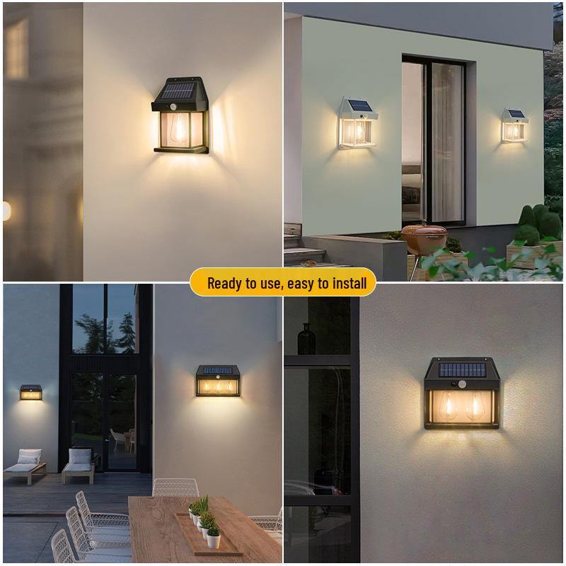 Solar Outdoor Wall Light with Human Body Sensor, Three Modes, Tungsten Filament, Waterproof for Garden or Villa Night Lighting.