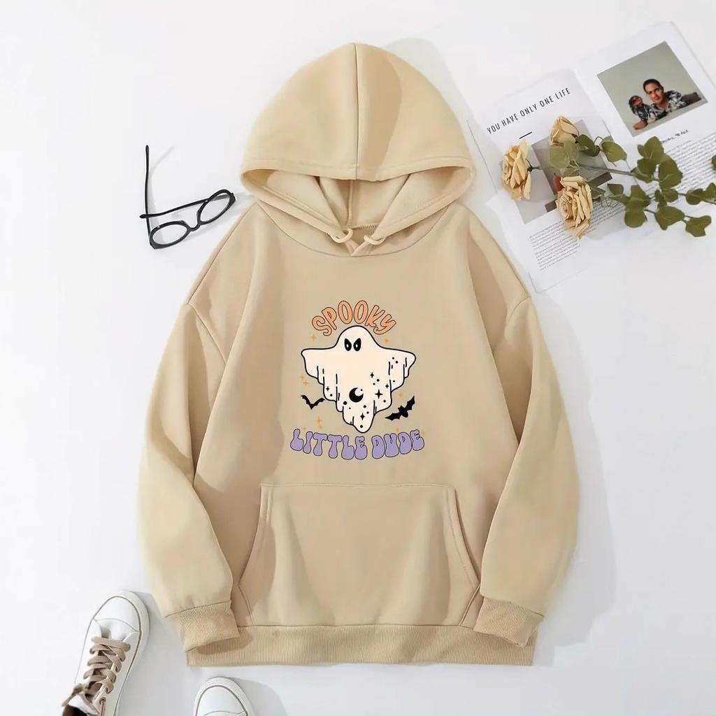 Ladies Spring Autumn Casual Sports Hooded Long Sleeve Big Pocket Halloween Ghost Printed Pullover Hoodies Sweatshirt Top