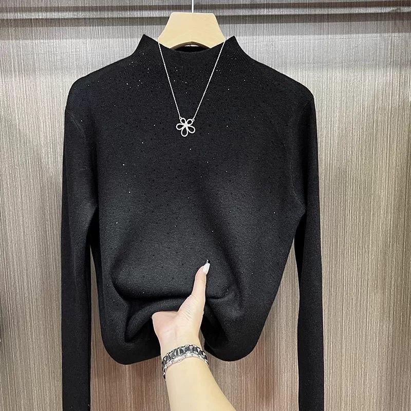 Women's Rhinestone Half-Turtleneck Sweater Autumn Winter Solid Color Knitted Pullover Soft Skin-Friendly Stretchy Knit Top