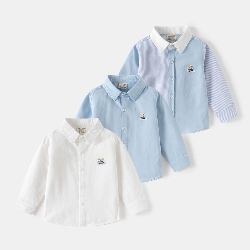 2025 autumn Boys long-sleeved shirt 2025 new baby striped embroidered shirt Korean version loose shirt