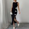 Fall Women's Sleeveless Bodycon Pencil Dress, Bow Detail Slit Midi Dress for European American Crossborder New Style