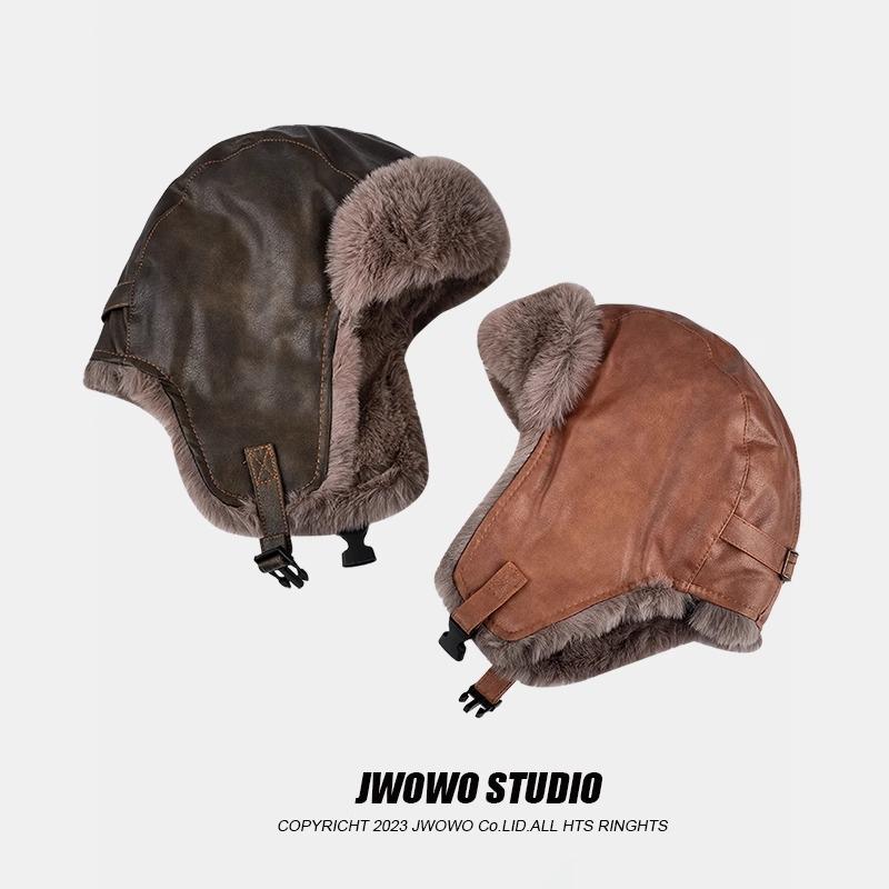Autumn and winter hats women's leather plush winter warm outdoor cold thickened ear hats men
