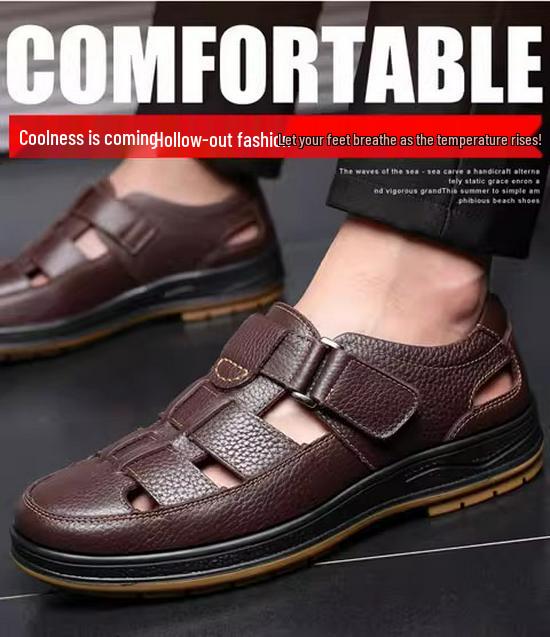 Men's Genuine Leather Breathable Summer Sandals - Large Size, Closed Toe, Perforated Cowhide Beach Shoes