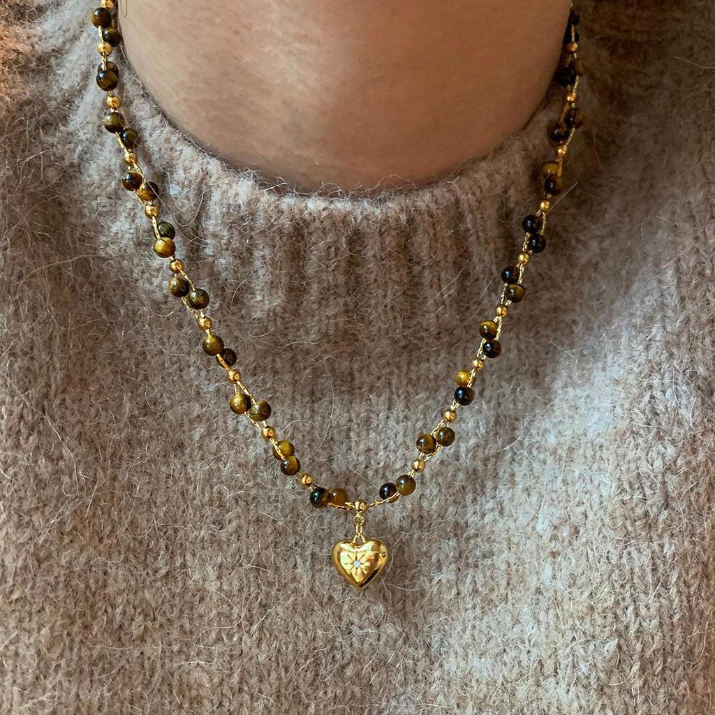Gold-Plated Tiger Eye Beaded Necklace - Retro Y2K Clavicle Chain, High-End Versatile Jewelry