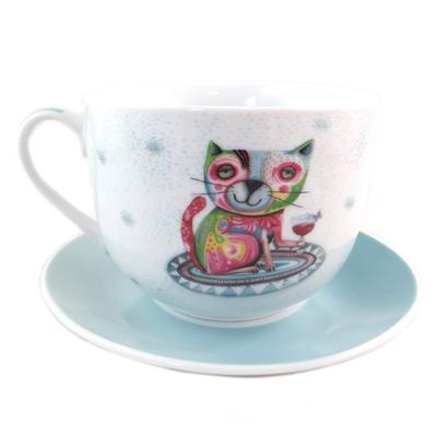 [P9908] - Porcelain Breakfast Cup 'Allen Designs' Blue Multicolor (cat)