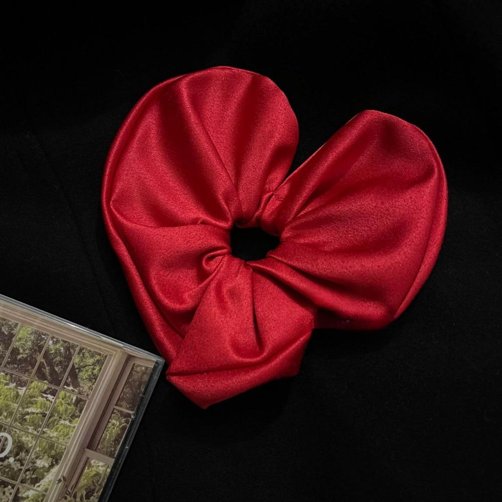 Festive Red Satin Heart Shaped Hair Band Meatball Head Low Ponytail Head Circle Rubber Bands Bun Hair Accessories