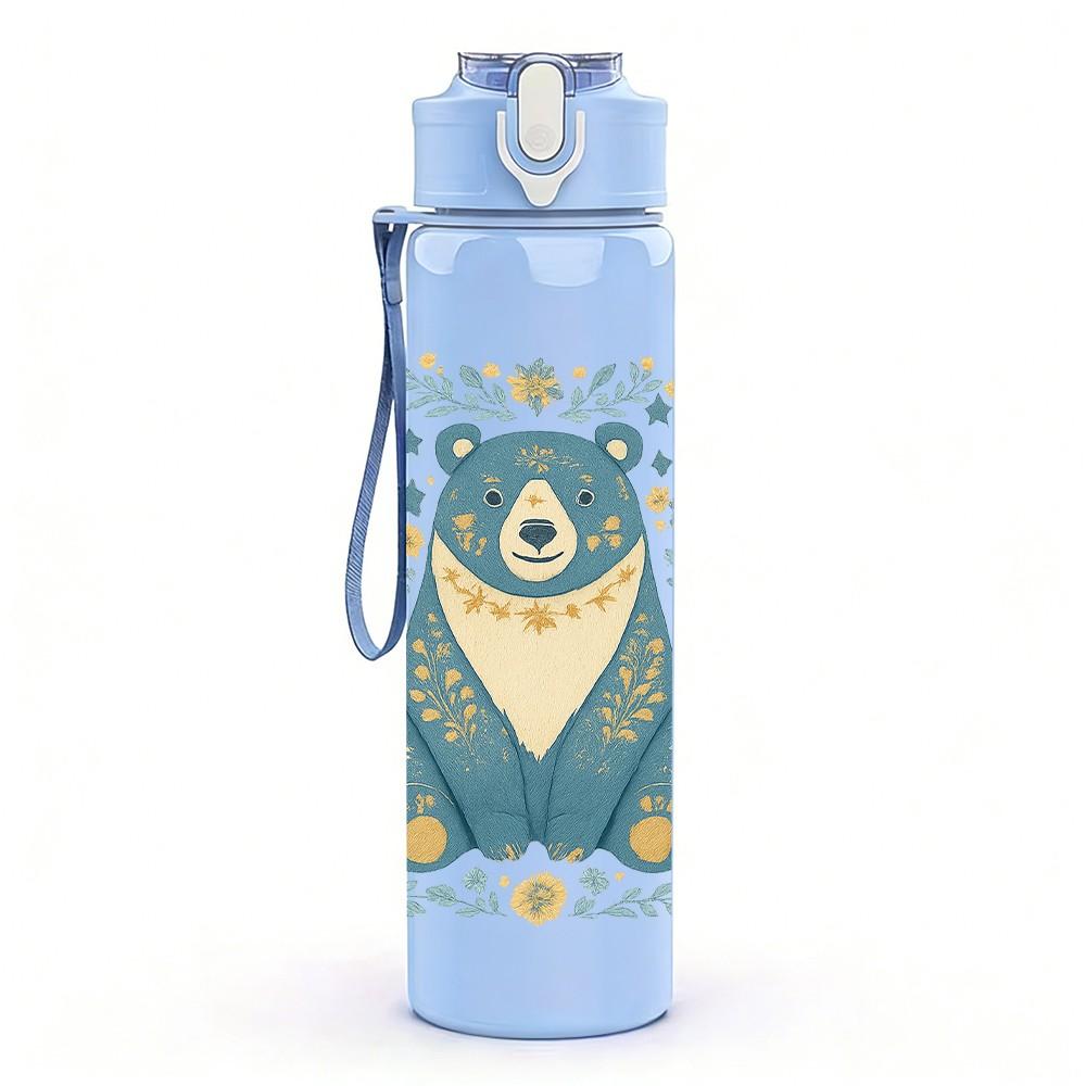 1PC Blue Bear Floral Frame 750ml Color Plastic Sports Water Bottle Leakproof Flip Straw Lid Suitable for Sports Office Home Use