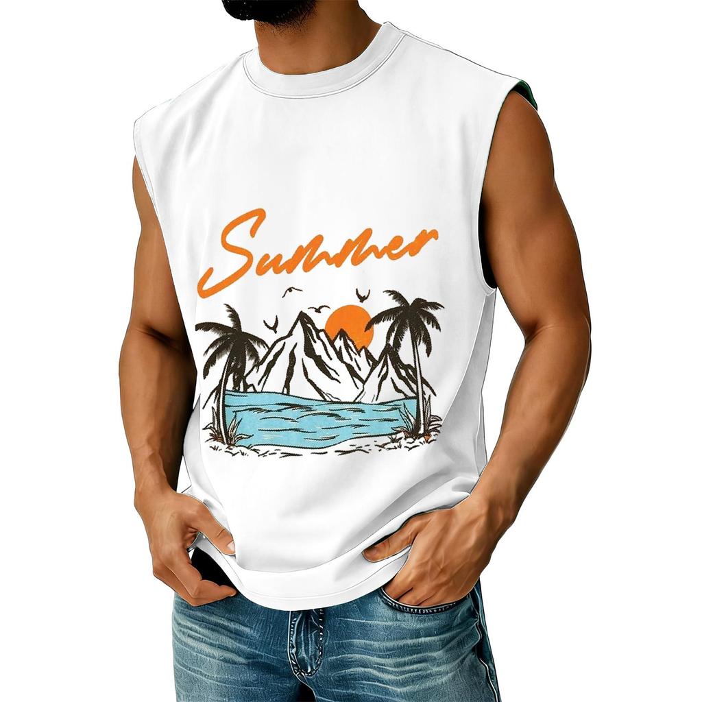 Men's Sleeveless Casual Athletic Vest Summer Graphic Print Muscle Tank Top Outdoor Gym Workout Shirt Beachwear
