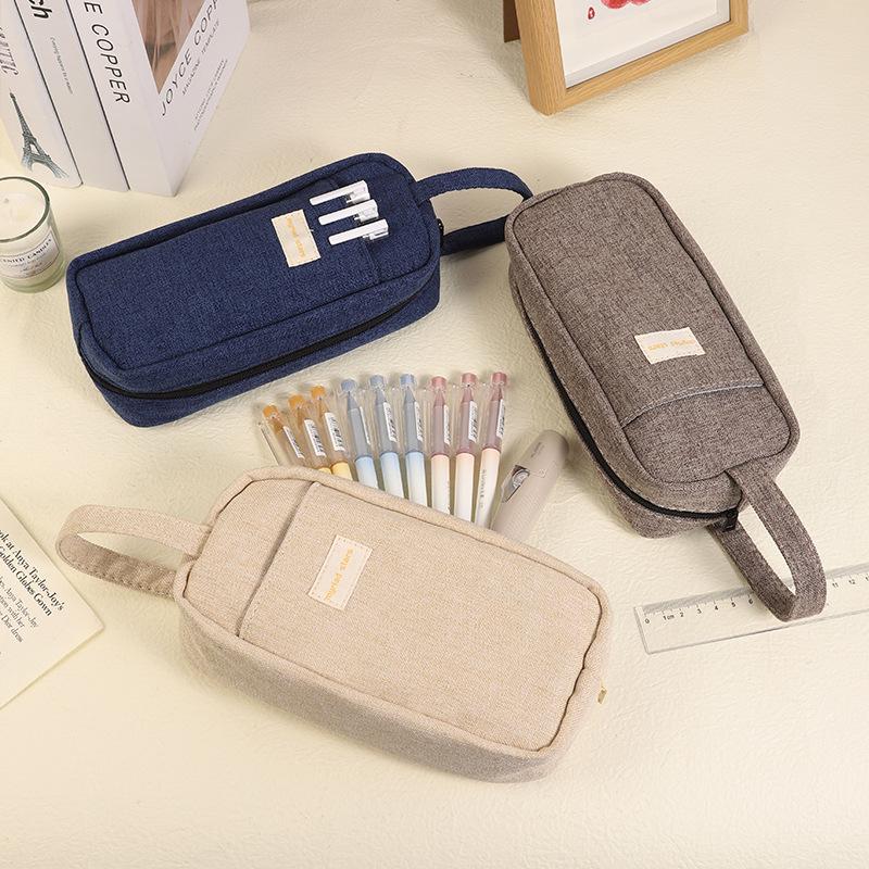 Large Capacity Multifunctional Pencil Case for Middle & High School Students - Solid Color Handheld Stationery Storage Bag
