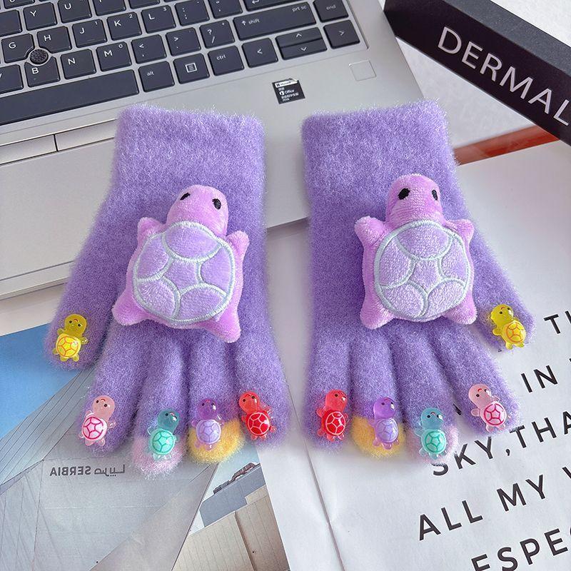 

Cute Little Turtle Warm Gloves for Children, Winter Girl Cycling Anti-freezing Knitted Five-finger Gloves 5-10 years old
