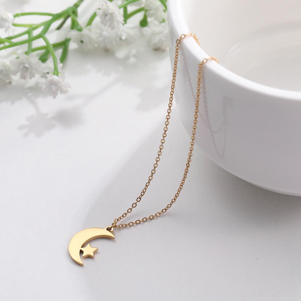 Stainless Steel Crescent Moon Star Pendant Necklace Ladies Birthday Party Jewelry Gift Cute Fashion Accessory