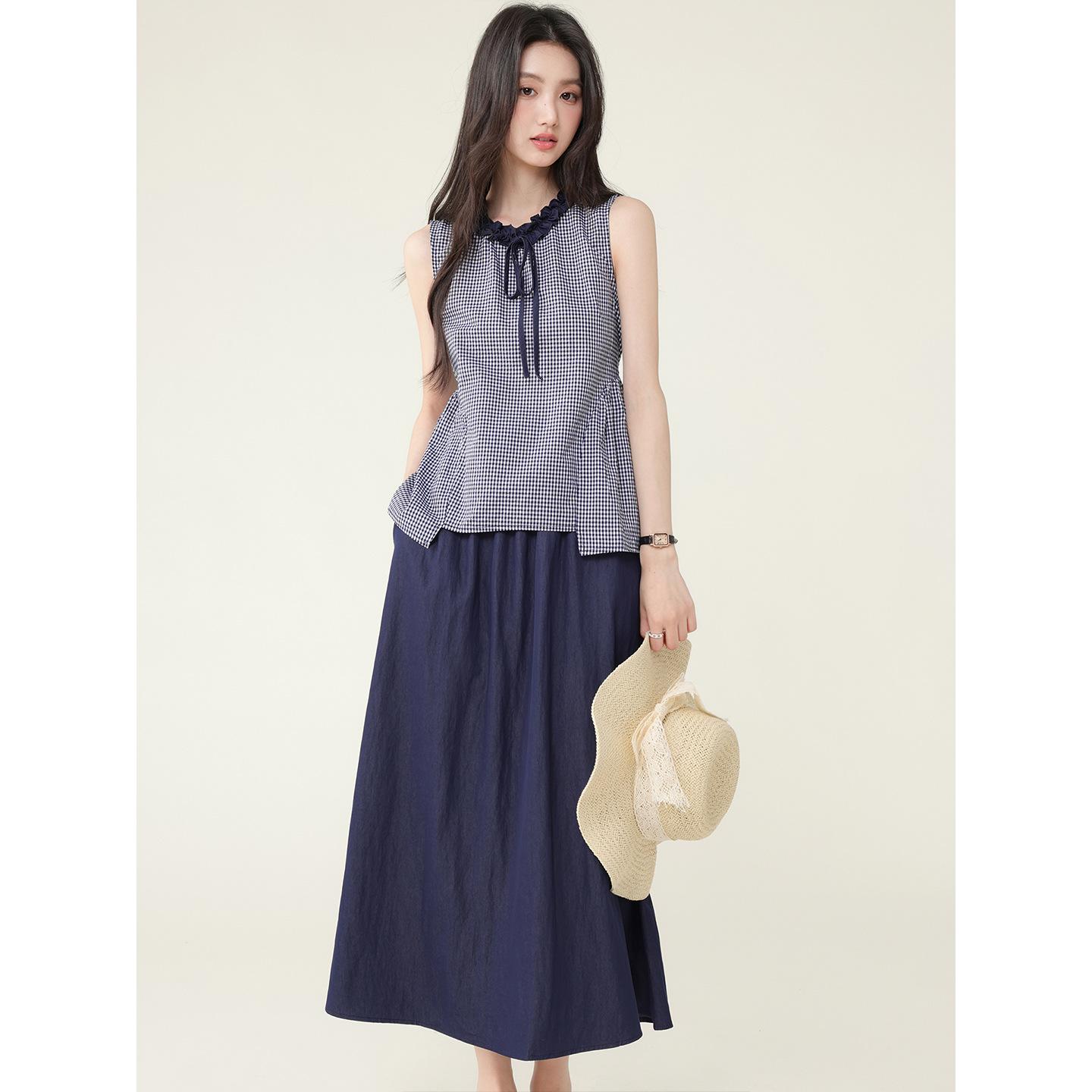 

Летний женский топ без рукавов в клетку + юбка миди и макси, комплект из двух предметов L