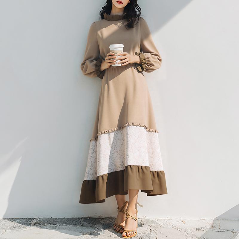 ZANZEA Women Casual Round Neck Loose Long Sleeve Splice Dress