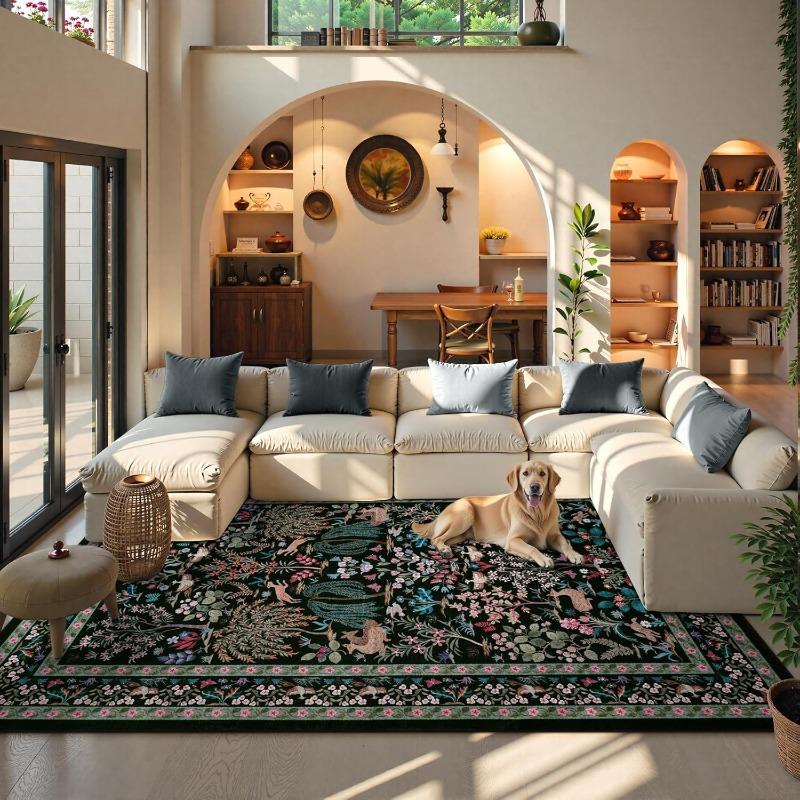 Black Rugs for Living Room Machine Washable Floor Mat Botanical Floral Birds Nature-Inspired Carpet Non-Slip Soft Home Decor