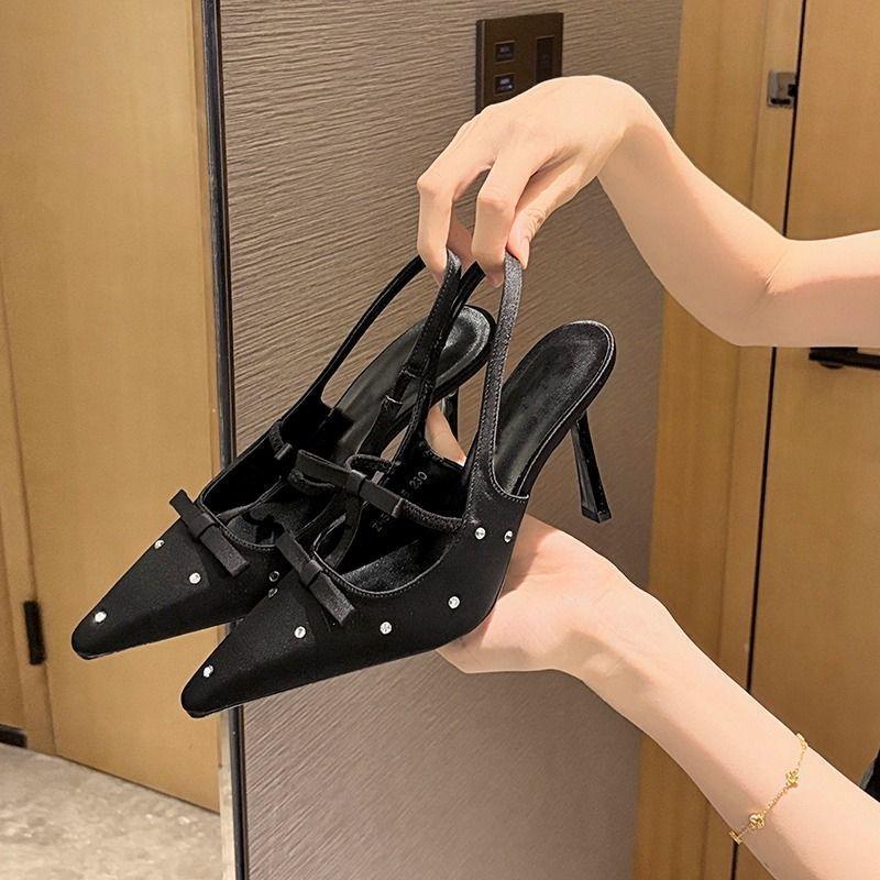 Celebrity Pointed Single Shoes Black Rhinestone Bow 2025 Spring New Sexy Black Bow High Heels Women