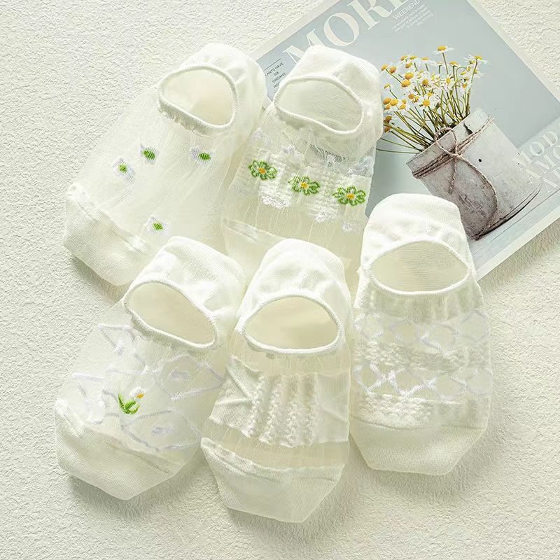 5 Pairs of Female Summer Ultra Thin Hollow Breathable Cool White Stealth Boat Socks