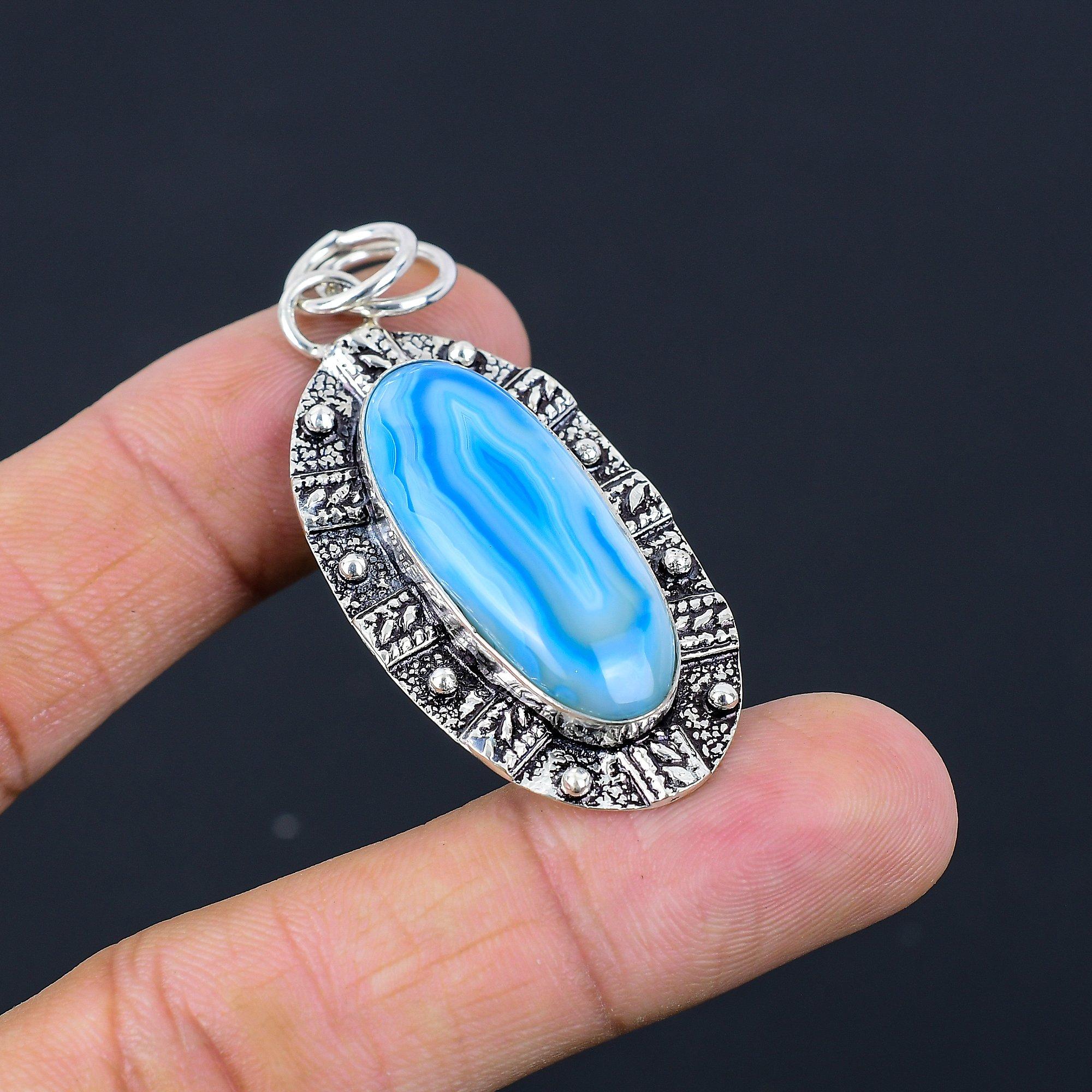 

Gift For Women Pendant 925 Sterling Silver Natural Blue Botswana Agate Gemstone