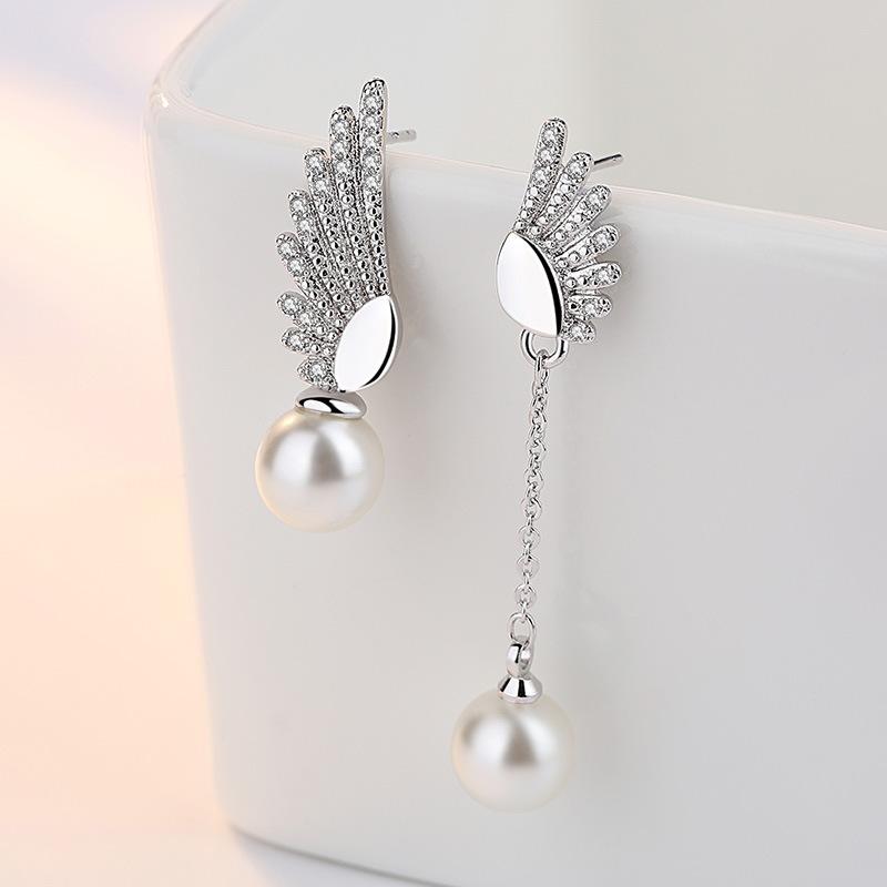 Womens Korean Fashion Elegant Anti-allergy 925 Silver Plated Zircon Crystal Asymmetric Long Ear Stud Earrings Female Jewelry Gifts