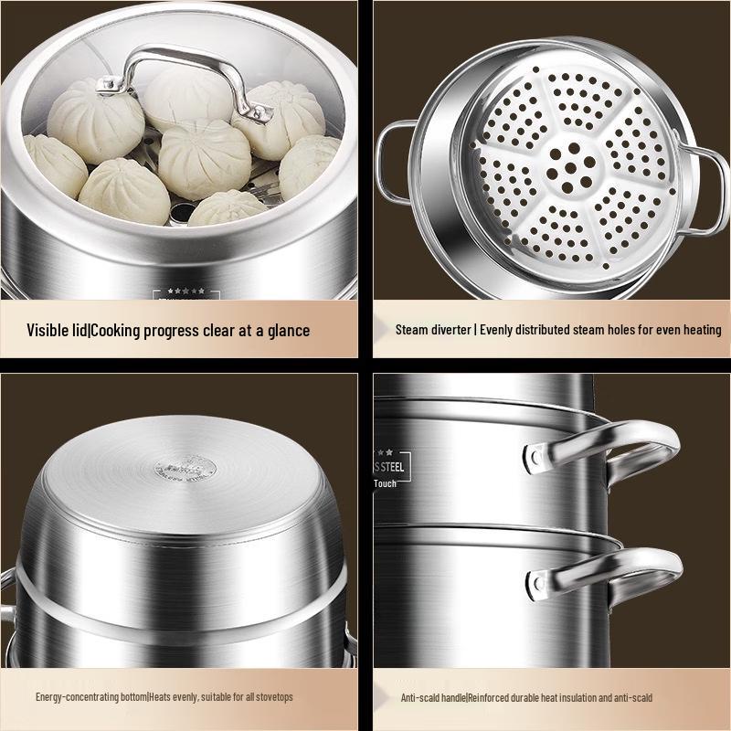 ZISIZ 30cm Multi-functional 3-Layer Stainless Steel Steamer Pot