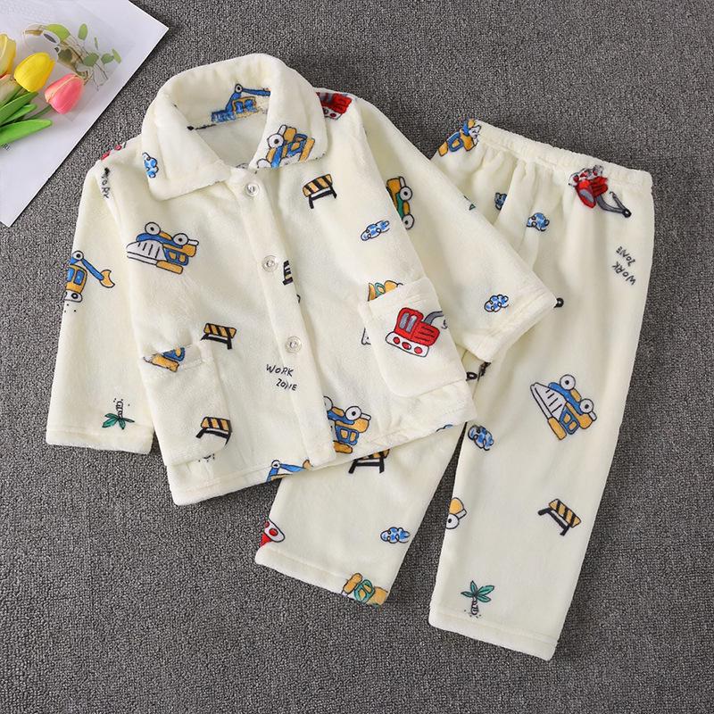 Kids' Flannel Pajama Set - Thick Coral Fleece Cardigan for Boys & Girls, Perfect for Autumn & Winter.