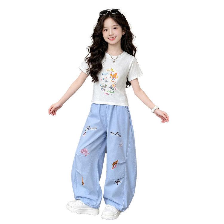Sommer-Cartoon-T-Shirt & Weitbeinige Hosen Set für Mädchen - Stylisches Lässiges Zweiteiler für Mittlere & Große Kinder, Kollektion 2026.