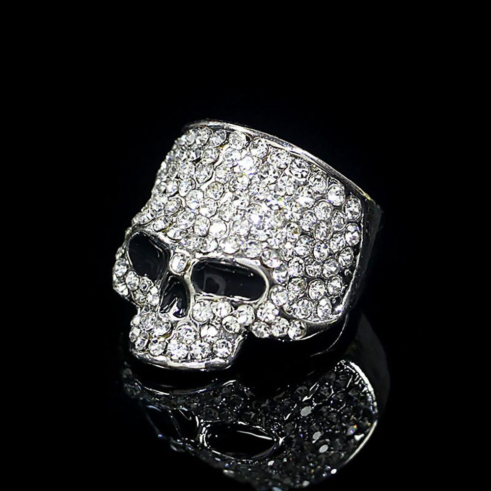 Fashion Punk Rhinestones Skull Rings Hiphop Glitter Silver Color Crystal Gothic Finger Ring for Women Men Party Jewelry Gift