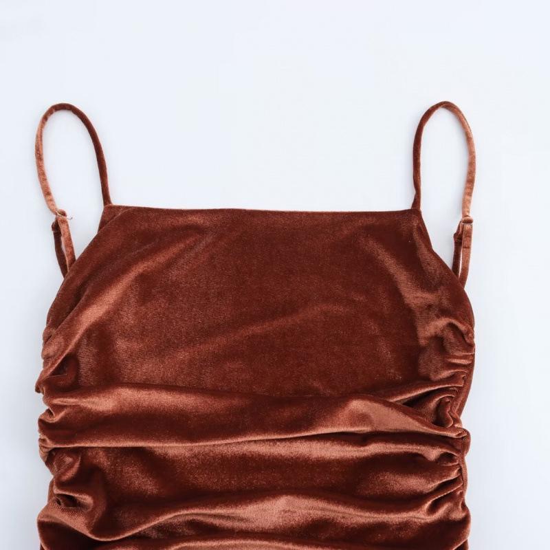 Velvet Ruched Midi Slip Dress – European & American Hot Girl Style Winter Fashion