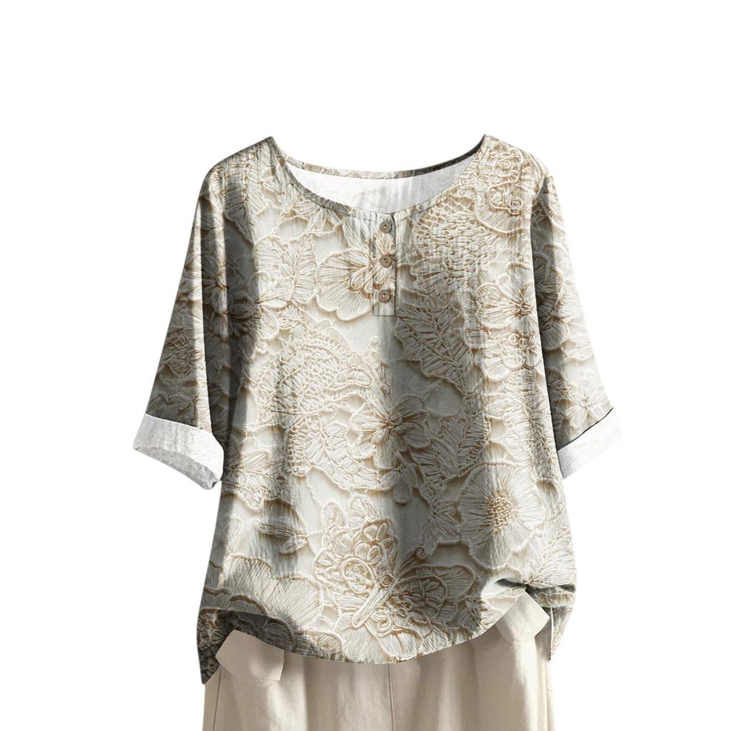 Women's Fashionable And Casual Shirt Half-sleeve Round Neck Print Cotton And Linen Blouse Top