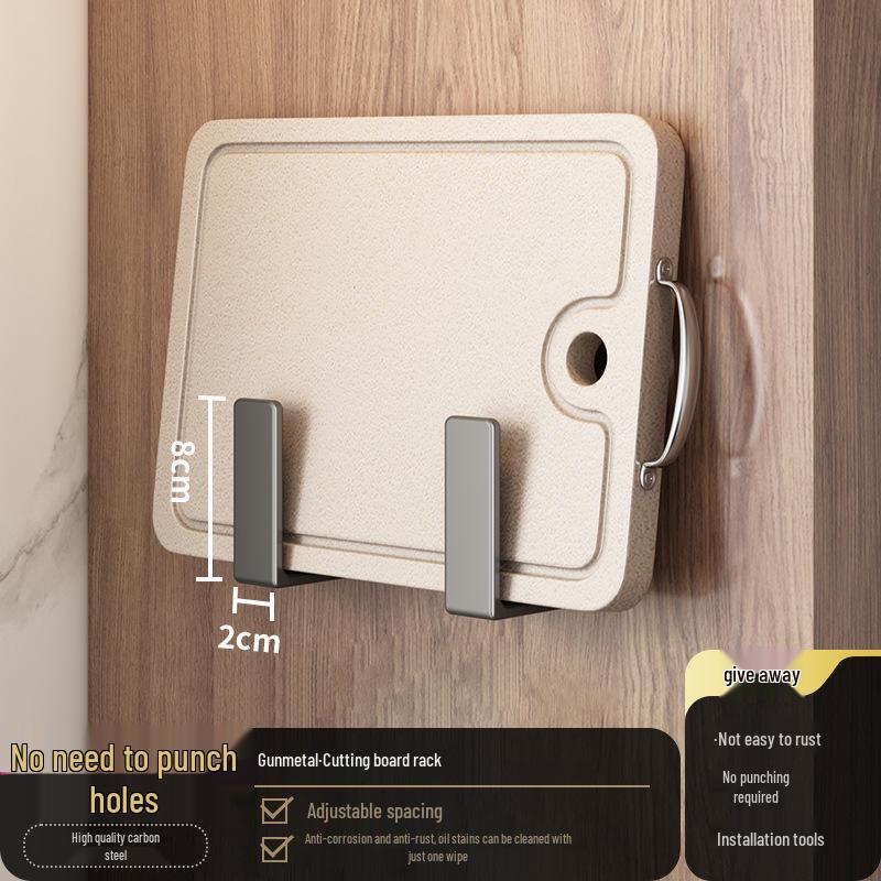 Wall-Mounted Kitchen Storage Rack, Punch-Free, Gun Gray, Knife Holder & Multi-Functional Seasoning Organizer.