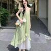 Plus Size 2026 French Style Print Patchwork Irregular Spaghetti Strap Summer Beach Dress