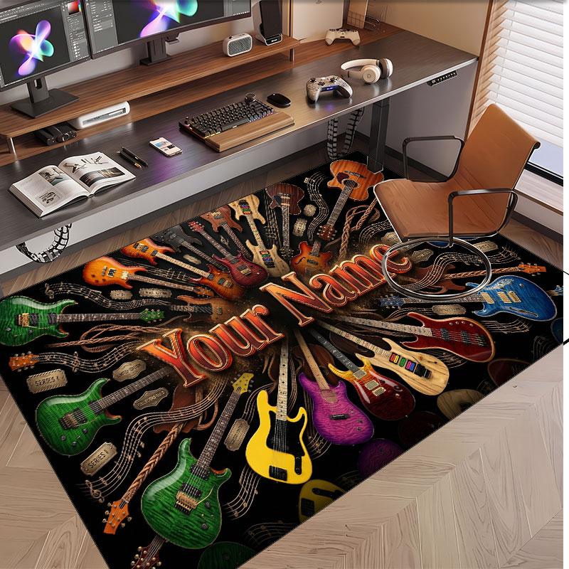 Music Guitar Theme Soft Crystal Velvet Rug Custom Name & Text Print Non Slip Floor Rug for Bedroom Living Room