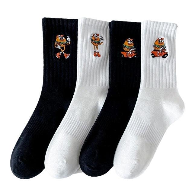 5 perechi de șosete absorbante de transpirație cu design de desene animate, pentru bărbați și femei, cu tub mediu lung, brodate